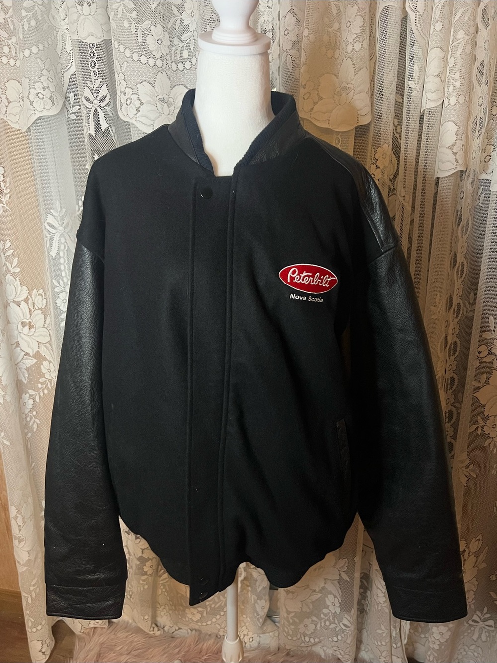 Peterbilt Black Wool Jacket with Leather Sleeves XL